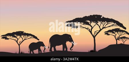 Silhouette von zwei Elefanten, die bei Sonnenuntergang spazieren Stock Vektor