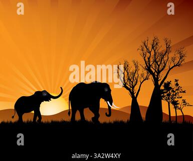 Silhouette von Elefanten gegen Sonnenuntergang Stock Vektor