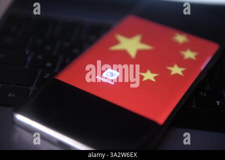 Russland. März 2025. In dieser Abbildung sehen Sie das Symbol der Deepseek App auf einem Smartphone-Bildschirm und die chinesische Flagge auf dem Bildschirmschoner. (Credit Image: © Daniel Felipe Kutepov/SOPA Images via ZUMA Press Wire) NUR REDAKTIONELLE VERWENDUNG! Nicht für kommerzielle ZWECKE! Stockfoto