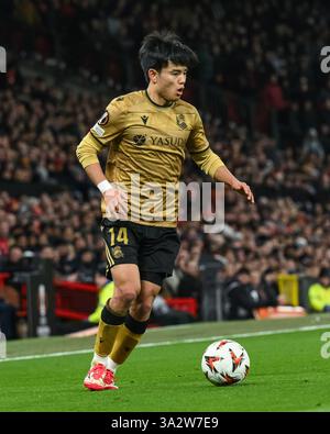 Takefusa Kubo von Real Sociedad während des letzten 16 Spiels der UEFA Europa League Manchester United gegen Real Sociedad in Old Trafford, Manchester, Vereinigtes Königreich, 13. März 2025 (Foto: Craig Thomas/News Images) in, am 14.03.2025. (Foto: Craig Thomas/News Images/SIPA USA) Credit: SIPA USA/Alamy Live News Stockfoto