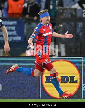 Rom, Italien. März 2025. Pavel Sulc von Viktoria Plzen feiert sein Tor im Achtelfinale der UEFA Europa League am 13. März 2025 in Rom. Quelle: Augusto Casasoli/Xinhua/Alamy Live News Stockfoto