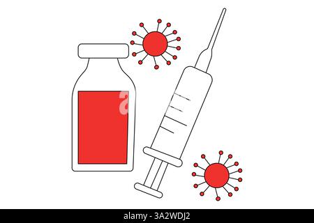 Impfstoff und Spritze eine Zeilenzeichnung des minimalistischen Vektorsymbols mit schwarz-weißem Hintergrund Stock Vektor