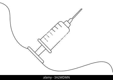 Impfstoff und Spritze eine Zeilenzeichnung des minimalistischen Vektorsymbols mit schwarz-weißem Hintergrund Stock Vektor