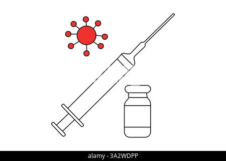 Impfstoff und Spritze eine Zeilenzeichnung des minimalistischen Vektorsymbols mit schwarz-weißem Hintergrund Stock Vektor