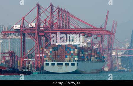 Hongkong. China- 02.18.2025. Schiff-zu-Land-Kräne im Hafen von Hongkong, die zum Be- oder Entladen von auf einem angedockten Frachtschiff gestapelten Frachtcontainern dienen Stockfoto