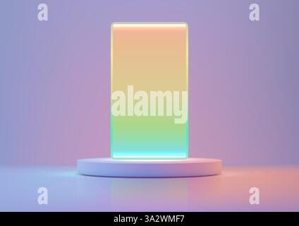 Leuchtender rechteckiger Farbverlauf steht auf einem weißen, kreisförmigen 3D-Podium vor einem weichen violetten und blauen Hintergrund. Technologiekonzepte, Produkt d Stock Vektor