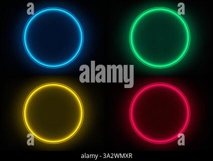 Vier leuchtende Neonkreise in Blau, Grün, Gelb und Rot in einem Raster vor dunklem Hintergrund, lebendiges Licht für ein modernes Technologiekonzept. Stock Vektor