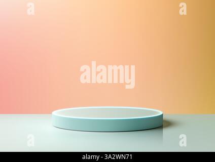 Modernes, hellblaues, zylindrisches Podium in 3D mit leuchtendem Rand, vor einem orange-gelben Farbverlauf. Produktpräsentation, Mockups und Showroo Stock Vektor