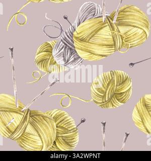 Garnknäuel mit Stricknadeln, nahtloses Muster graue und olivgrüne Bastelgarnkugeln. Aquarellmalerei Stockfoto