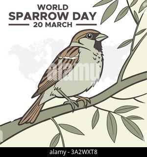Welttag der Spatzen am 20. März. Vektordarstellung des Datums der Sperlinge. Niedliche Spatzen-Karte für den Spatzen-Tag. Welttag Der Spatzen. Stock Vektor