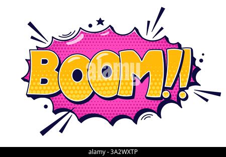Comic-Sprechblasen-Boom. Gelber Text auf violettem Hintergrund. Stock Vektor