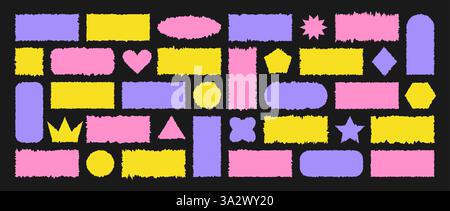 Set gezackter Rechteckformen. Bunte Grunge-Rahmen. Strukturiertes abstraktes Elementbündel für Collage, Textfeld, Banner, Aufkleber. Vektorabbildung Stock Vektor