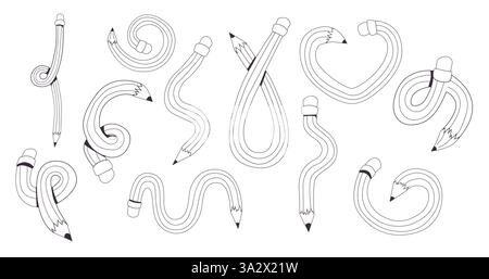 Verdrehter, gekrümmter Comic-Bleistift, der skizzenhaft kritzelnd ist. Linie Hand gezeichnet einfacher Bleistift. Flippiges flexibles Schulmaterial. Trendiges Schreibwerkzeug. Vektorabbildung Stock Vektor