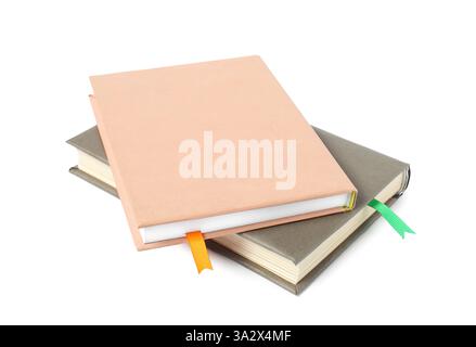 Bücher mit Lesezeichen auf weißem Band Stockfoto