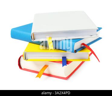 Bücher mit Lesezeichen auf weißem Band Stockfoto