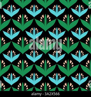Zartes nahtloses Muster mit abstrakten Blumen auf dunklem Hintergrund. Niedliches endloses Design, ideal für Stoff- und Geschenkpapier. Stockfoto