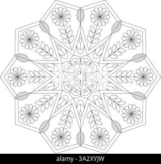 Schwarzweiß-Mandala-Vektor zum Ausmalen von Seiten, Wohnkultur und digitale Nutzung. Stock Vektor