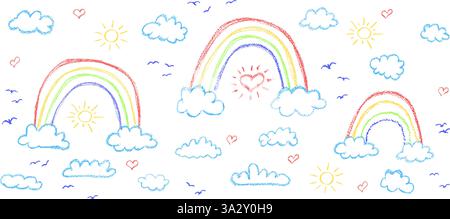 Set aus abstrakten Bleistiftwolken und Regenbogen. Handgezeichneter Cartoon bewölkter Himmel und Sonne. Vektor-Illustration Sammlung von bunten Herzen und Vögeln Stock Vektor