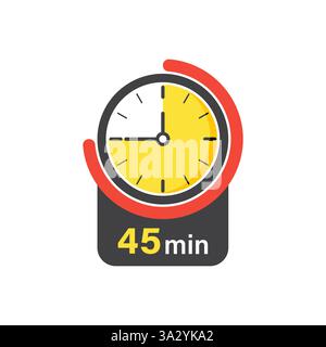 45 Minuten auf dem Stoppuhrsymbol in flachem Stil. Illustration des Zeitschalters auf isoliertem Hintergrund. Countdown-Zeichen für Geschäftskonzept. Stock Vektor