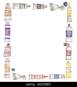 Aquarell Hand gezeichnet Künstler liefert Rahmen Illustration, Farbtuben Rand Rahmen Clipart Stockfoto