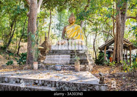 Unter einem Baumdach liegen religiöse Denkmäler in den Hügeln, die von lokalen Dorfbewohnern genutzt werden, inmitten von Regenwaldlandschaften. Stockfoto