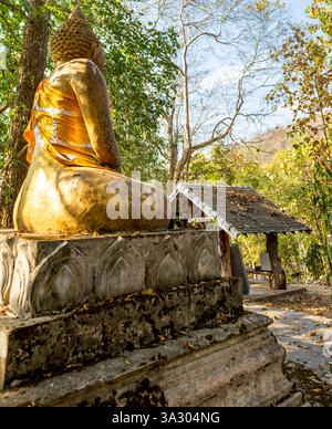 Unter einem Baumdach liegen religiöse Denkmäler in den Hügeln, die von lokalen Dorfbewohnern genutzt werden, inmitten von Regenwaldlandschaften. Stockfoto