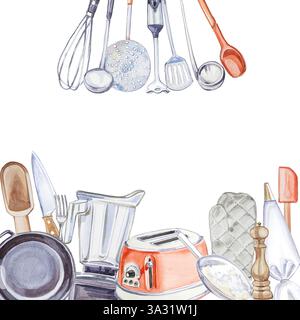 Küchenmixer, Mixer, Messerlöffel und Otter-Werkzeug-Rahmen. Aquarellküche Utensilien Illustration isoliert auf weißem Hintergrund. Stockfoto