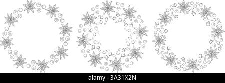 Freehand Allspices Star Anise Cloves Circle Frame Border Glühwein Day Gruß Design Set 3. Isolierte Vektor-Illustration Inschrift Thematische Karte, Poster, Etikett oder Web-Werbebanner, Broschüren Stock Vektor
