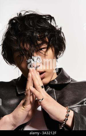 Stilvoller asiatischer Mann in Lederjacke mit Gips auf der Nase posiert nachdenklich. Stockfoto