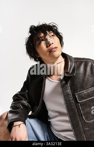 Ein asiatischer Mann modelt in einem Studio mit stilvoller Kleidung. Er hat ein Gips auf der Nase und blickt nach oben Stockfoto