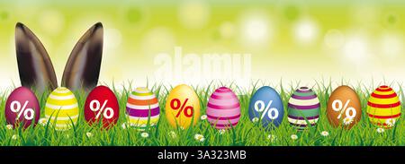 Ostereier Prozent Frühlings-Bunny-Ohren-Header Weiße Blumen im Gras mit farbigem Rabatt ostereier und Hasenohren auf dem Bokeh-Hintergrund. Stockfoto