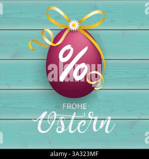 Frohe Ostern Pink Easter Egg Cyan Prozent Holztext Frohe Ostern, Übersetzung Happy Easter. Stockfoto