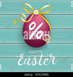 Happy Pink Easter Egg Golden Bow Prozent Cyan Holz Türkis hölzerner Hintergrund mit Rabatt osterei und Text Happy easter. Stockfoto