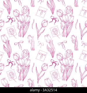 Nahtloses Patern von Tulpen und Band auf weißem Hintergrund Stock Vektor