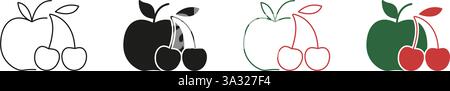 Apfel- und Cherry-Linie und Silhouette-Symbolsatz. Frische Früchte für gesunde Ernährung und Ernährung. Nahrhafte Lebensmittel für eine ausgewogene Ernährung. Bearbeitbare Kontur Stock Vektor