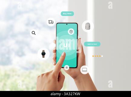 Handheld-Smartphone mit Benutzeroberfläche auf dem Bildschirm, Konzept für den Aufbau einer Online-Shopping-App, frei bewegliche E-Commerce-Elemente und Produktsymbole liegen vor Stockfoto