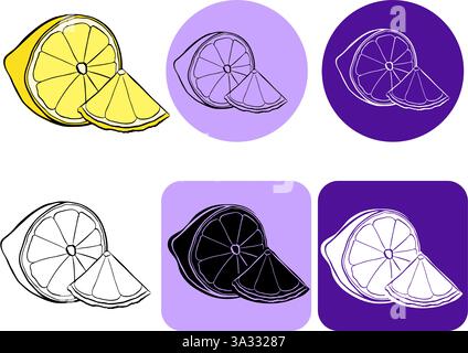 Silhouette mit Zitronen- und Fruchtscheiben-Logo mit Keilabsatz. Grafisches Vektorlinien-Tintenelement. Zeichen Symbol für gesunde Ernährung, Ernährung, Vitamin Stock Vektor