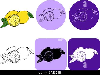 Zitronenkomposition mit Blättern-Logo. Grafische Linie Tinte Vektor Illustration Hand gezeichnet mit Schichten Schwarzweiß Zeichnung für Ihr Geschäft, Web, Paket Stock Vektor