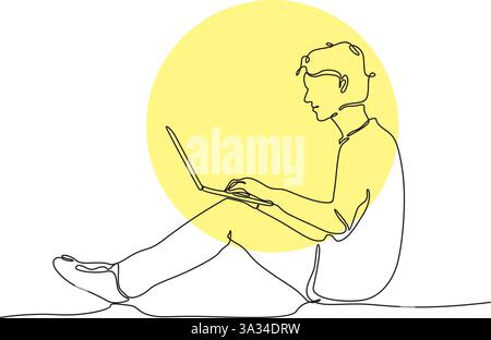 Durchgehende einzeilige Zeichnung eines Mannes, der an einem Laptop arbeitet, der auf dem Boden sitzt, mit einem gelben kreisförmigen Hintergrund Stock Vektor
