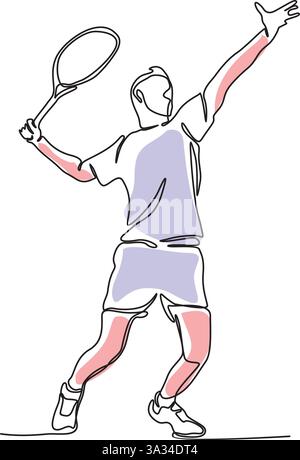 Linienzeichnung kontinuierliches einzeiliges Zeichnen Tennis-Service, männliches Sportspielersymbol Stock Vektor