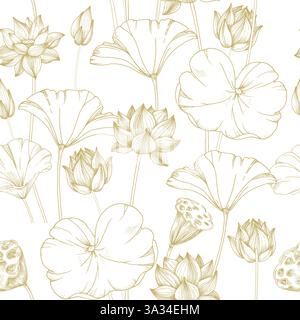 Lotusgoldblumen, Samenkapsel und Blätter nahtloses Muster. Vektorillustration handgezeichnet Stock Vektor