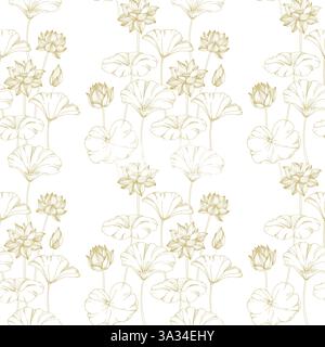 Lotusgoldblumen, Samenkapsel und Blätter nahtloses Muster. Vektorillustration handgezeichnet Stock Vektor