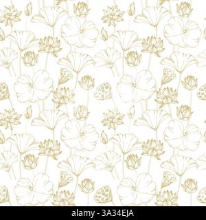 Lotusgoldblumen, Samenkapsel und Blätter nahtloses Muster. Vektorillustration handgezeichnet Stock Vektor