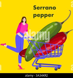Eine Frau hält einen Wagen mit Serrano-Pfeffer. Chili Paprika. Isolierte Vektordarstellung. Stock Vektor