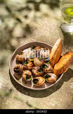 Ein Gourmet-Teller mit gebackener Schornsteinschale, großzügig belegt mit geschmolzener Butter und frischer Petersilie, begleitet von knusprigen, gerösteten Brotscheiben. Stockfoto