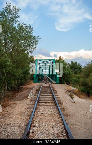 Perspektivische Aufnahme einer alten grünen Eisenbahnbrücke, die sich über Eisenbahngleise erstreckt, umgeben von üppigen Bäumen unter einem teilweise bewölkten Himmel. Stockfoto