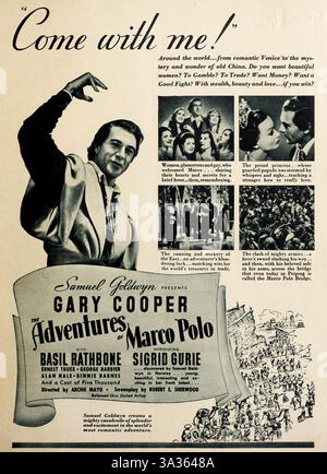 1938 das Filmplakat „die Abenteuer von Marco Polo“ mit Gary Cooper. Regisseur: Archie Mayo, John Ford. Samuel Goldwyn Productions Stockfoto