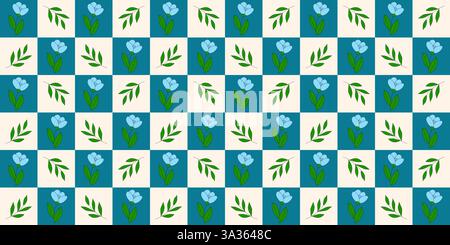 Nahtloses kariertes Muster mit blauen Blumen und grünen Blättern auf abwechselnden blauen und beigen Quadraten, ideal für Textilien, Tapeten oder Verpackungen, Vektorillustration Stock Vektor