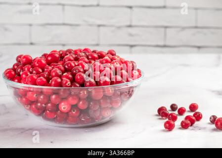 Gefrorene Preiselbeeren in transparenter Schüssel, auf hellem Hintergrund. Konservierung von Gemüse und Früchten. Natürliche Produkte Stockfoto