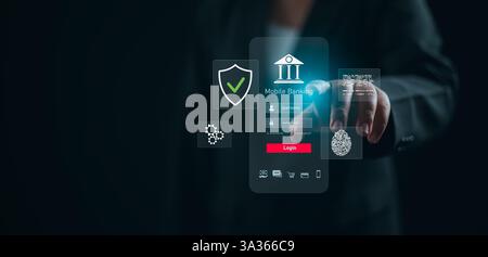 Netzwerkkonzept für digitales Online-Banking, Internet-Zahlung, Finanztechnologie, Geschäftsmann, der seine Fingersymbole auf den virtuellen Bildschirm zeigt, O Stockfoto